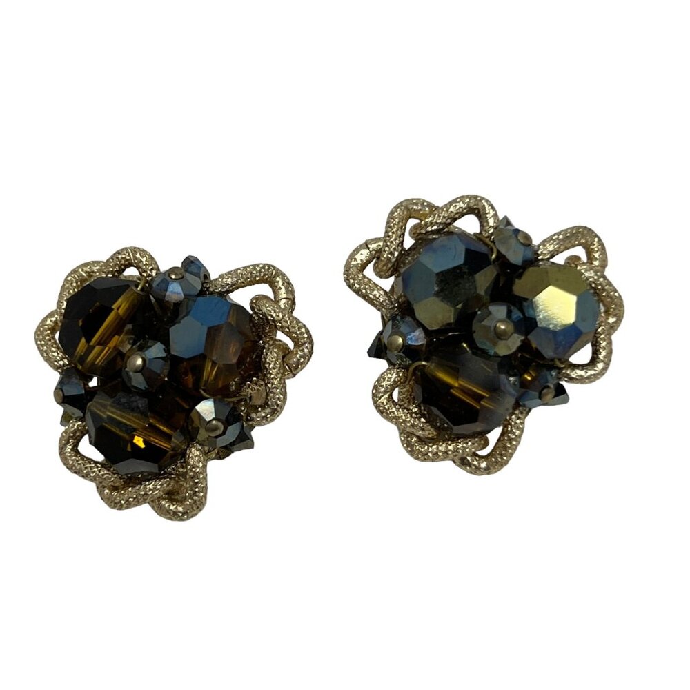 Vintage Beaded Clip On Earrings Gold Tone Rope‎ Chain Brown Gold Faceted Beads